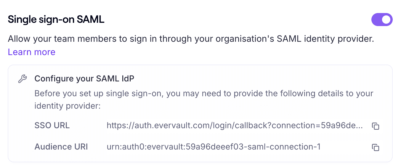 A screenshot of the Evervault SAML Config