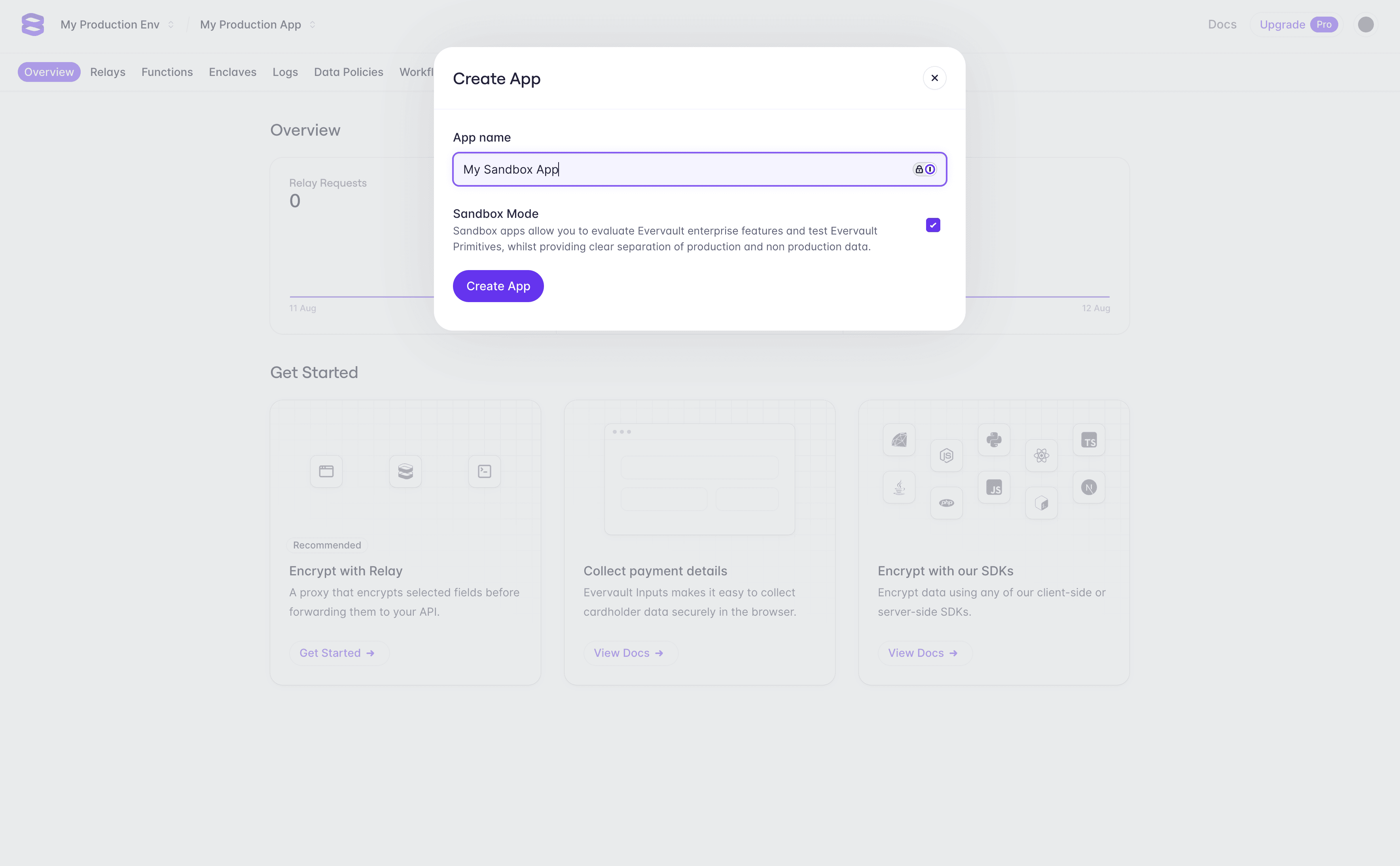 A screenshot of the app creation modal with the sandbox mode checkbox checked.
