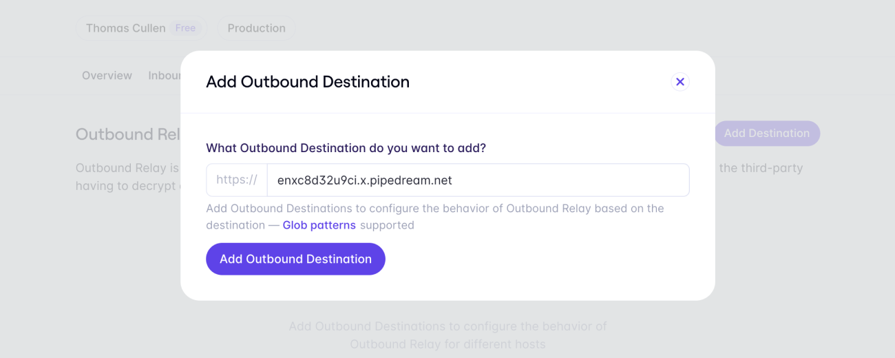 Screenshot of adding an outbound destination
