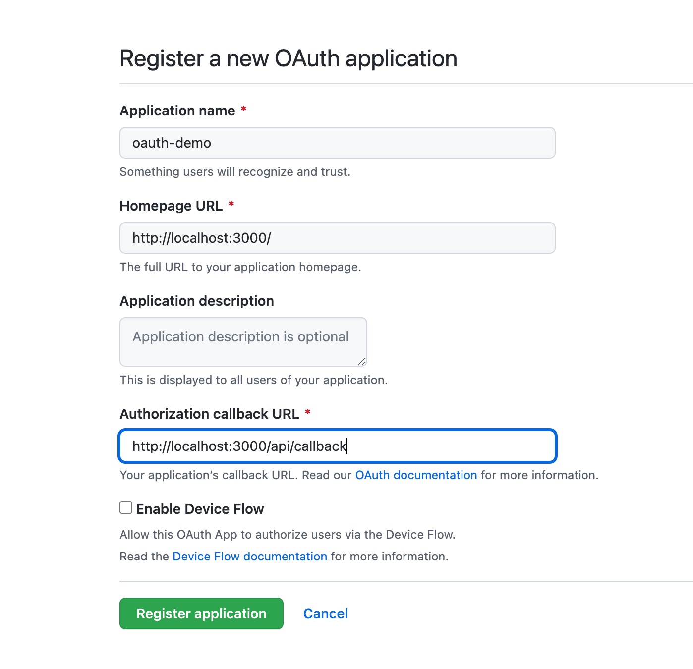 Screenshot of GitHub OAuth App configuration