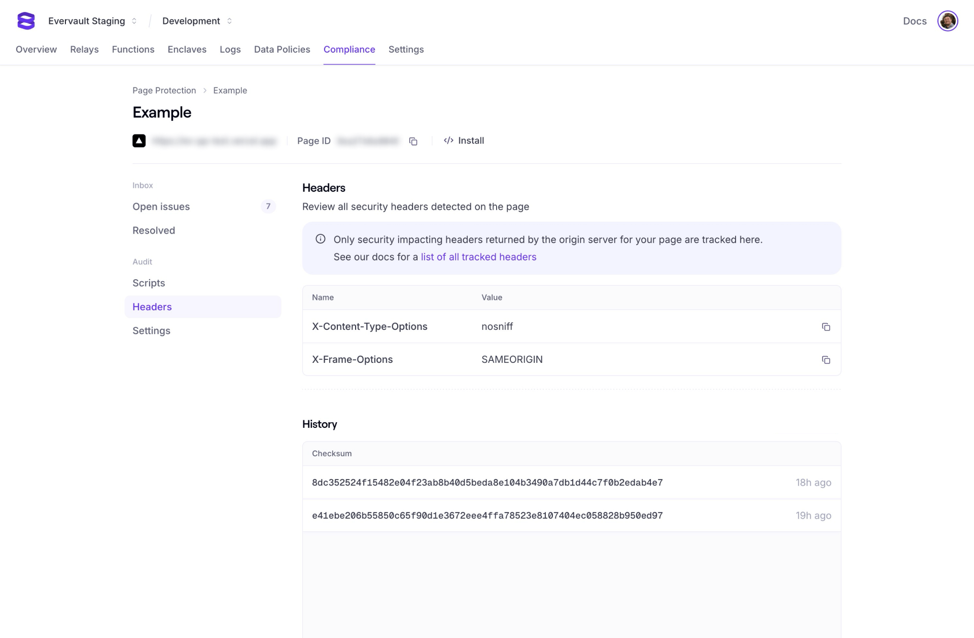A screenshot of the headers tab. Two headers, X-Content-Type-Options and X-Frame-Options, are listed. The latest value for each is shown, and a history of changes is shown in a table.