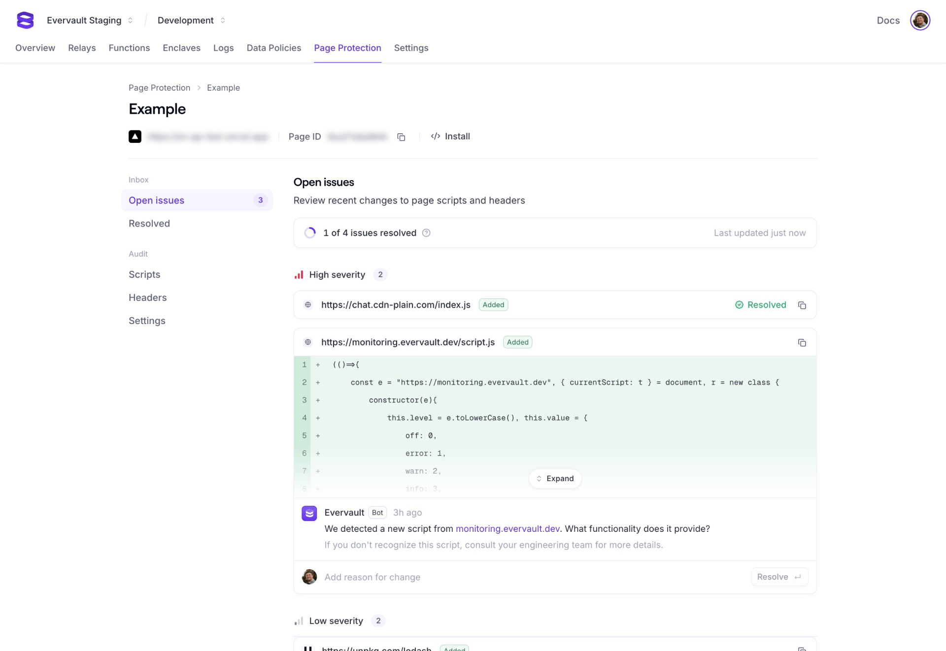 A screenshot of the open issues tab. A list of issues are shown, each with a diff of changes. Each issue has a text field to add a reason for the change, and an "Approve" button.