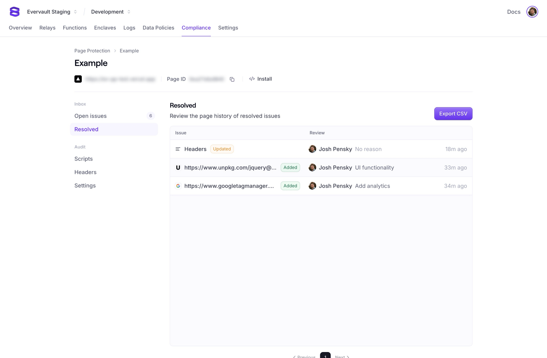A screenshot of the resolved issues tab. A list of resolved issues are shown, including the reviewer and reason for the change.