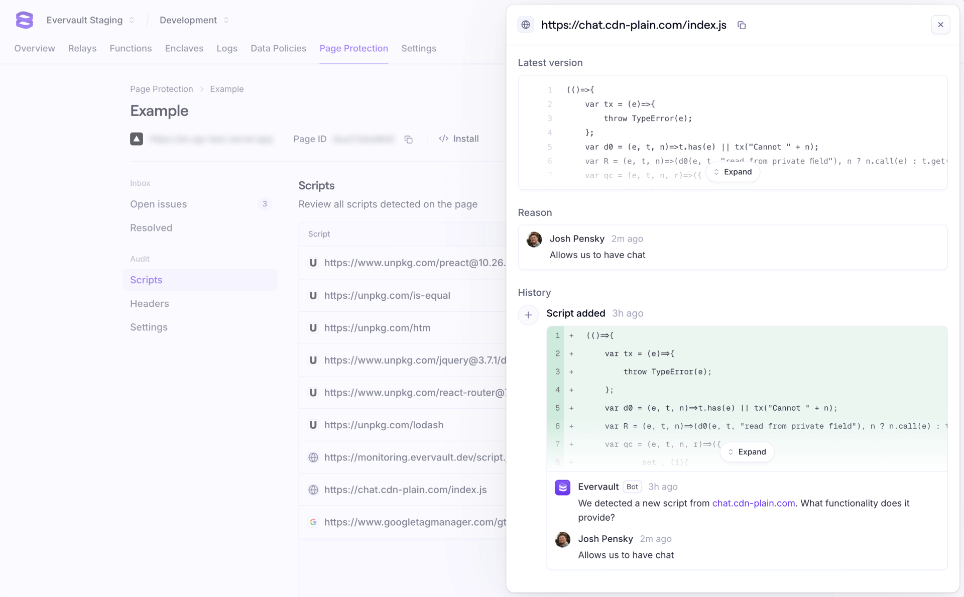 A screenshot of the scripts tab. A list of scripts are shown, each with the source URL. A drawer is open with details about a specific script for Google Analytics. The latest source code, reason for approval, and the history of changes and reviews are shown.