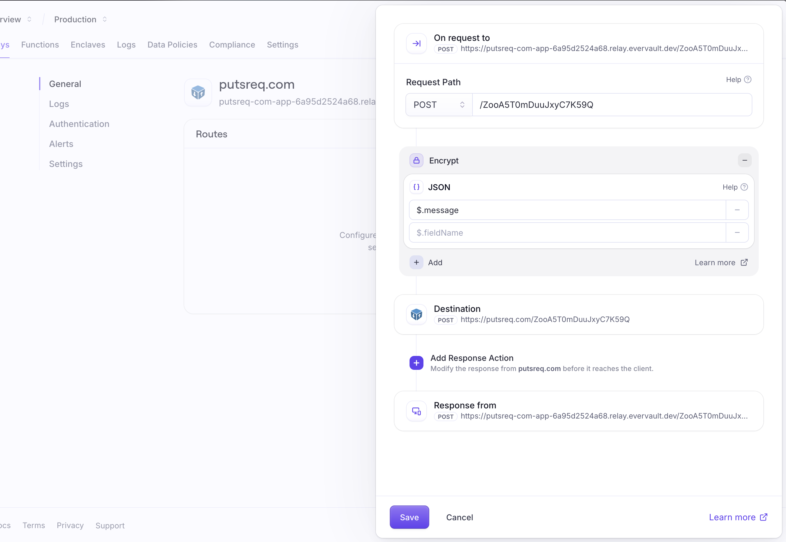 A screenshot of the form inside of the Evervault Dashboard to create a Relay pointed at putsreq.com